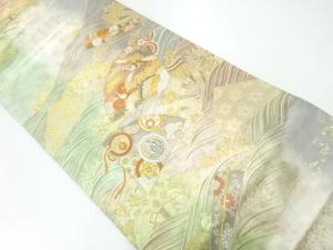 扇に松鶴模様織出し袋帯